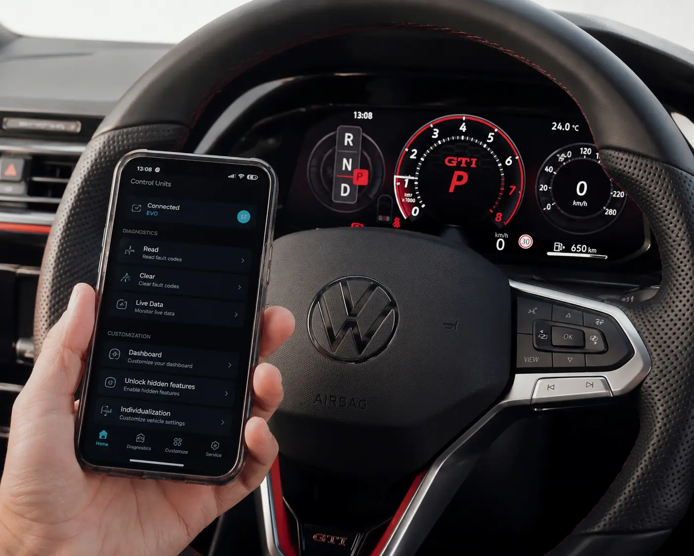 Aplikacja Carista w kokpicie VW z cyfrowymi zegarami